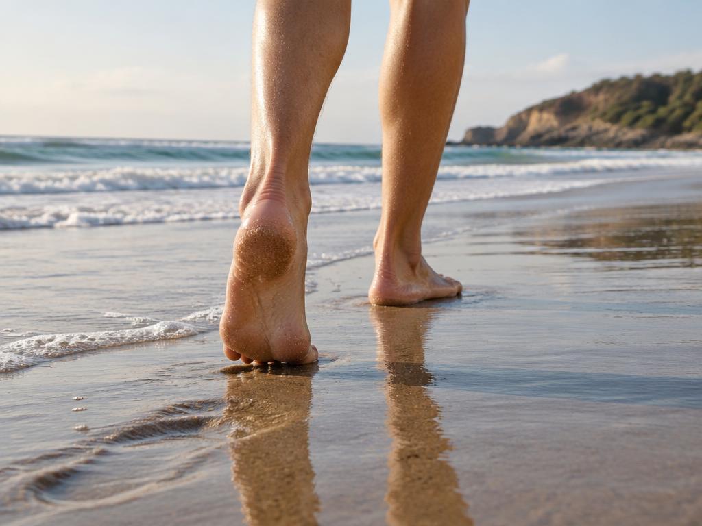 Bare feet walking on wet beach sand