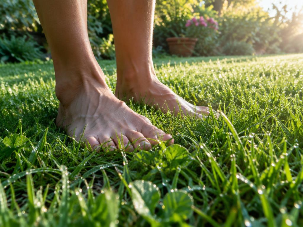 Bare feet in direct contact with garden grass