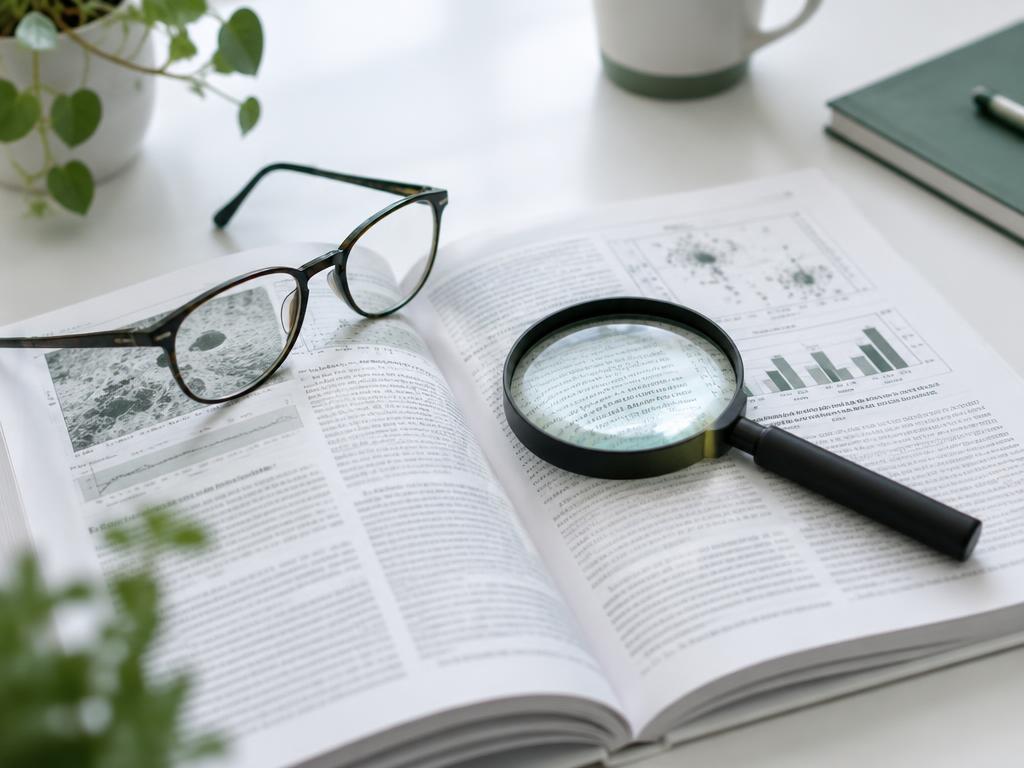 Magnifying glass and reading glasses over a research journal