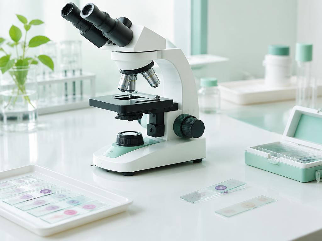 Microscope and slides on a laboratory bench