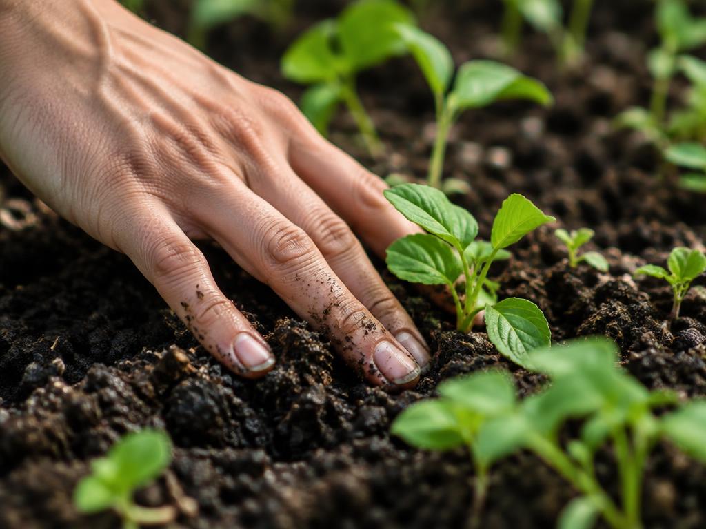 Hand touching soil beside green seedlings