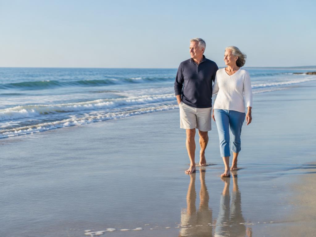 Older couple walking barefoot along the shore