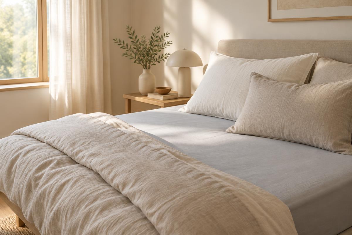 Calm bedroom with a light grey sheet laid flat on the mattress
