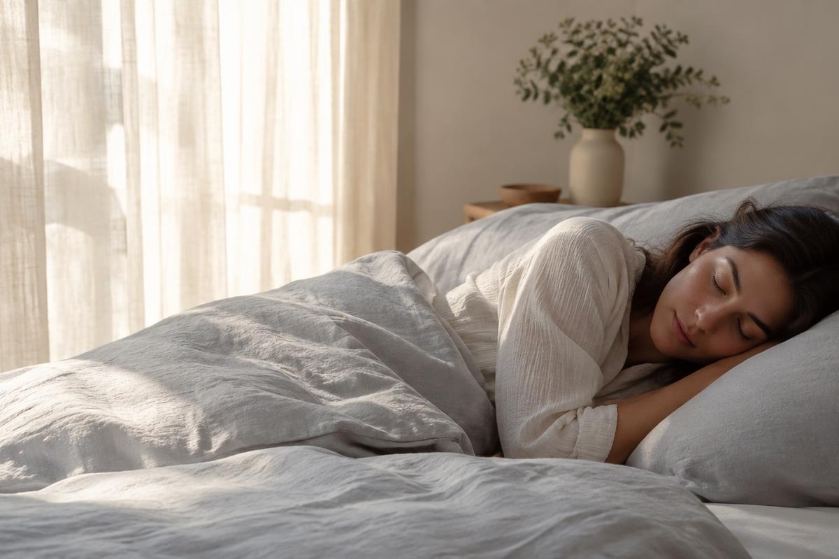 Woman sleeping peacefully on soft grey sheets at dawn